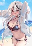  1girl :d absurdres arms_up bangs beach bikini black_bikini black_hair black_ribbon blue_sky blush bow breasts cleavage collarbone cowboy_shot criss-cross_halter day fang grey_hair hair_ornament hairclip halterneck highres hololive large_breasts long_hair long_sleeves looking_at_viewer multicolored_hair navel ocean open_clothes open_mouth open_shirt outdoors red_bow red_eyes reitou_mkn ribbon sakamata_chloe see-through shirt side-tie_bikini skin_fang sky smile solo stomach streaked_hair swimsuit two-tone_hair virtual_youtuber water water_drop white_shirt x_hair_ornament 