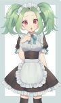  1girl :o alternate_costume apron bad_id bad_twitter_id blue_ribbon brown_dress cowboy_shot dress enmaided frilled_apron frilled_dress frilled_sleeves frills green_hair hand_up highres kiratto_pri_chan long_hair looking_at_viewer maid maid_headdress neck_ribbon open_mouth parted_bangs pretty_series puffy_short_sleeves puffy_sleeves rabbily_(kiratto_pri_chan) red_eyes ribbon shiyurinpu short_sleeves solo standing star-shaped_pupils star_(symbol) symbol-shaped_pupils twintails waist_apron white_apron wrist_cuffs 