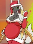 2023 5_fingers absolute_territory anthro anthrofied arceus belly big_belly big_breasts blurred_background breasts christmas christmas_tree cleavage clothed clothing collarbone colored digital_media_(artwork) dima_(artist) female fingers generation_4_pokemon green_sclera grey_body hi_res holidays humanoid_hands inside legendary_pokemon legwear leotard navel nintendo non-mammal_breasts outie_navel plant pokemon pokemon_(species) pregnant red_eyes shaded smile solo thigh_highs tree
