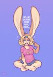 2022 anthro artist_logo artist_name biped blonde_hair blue_eyes bottomwear clothed clothing english_text female hair hi_res inner_ear_fluff lagomorph leporid logo long_ears looking_at_viewer mammal multicolored_body open_mouth rabbit shorts simple_background sitting solo taffywabbit text tuft