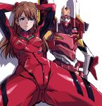  1girl arms_up ass ass_visible_through_thighs blue_eyes bodysuit breasts closed_mouth commentary_request eva_02 eva_02_alpha evangelion:_3.0+1.0_thrice_upon_a_time evangelion_(mecha) hairpods kamisimo_90 long_hair long_legs looking_at_viewer mecha medium_breasts neon_genesis_evangelion orange_hair pilot_suit plugsuit rebuild_of_evangelion red_bodysuit robot smile souryuu_asuka_langley spread_legs 