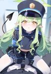  1boy 1girl 4th_prime ai-generated blue_archive blush character_request commentary_request cowgirl_position demon_girl demon_tail flat_chest girl_on_top green_hair hat highres long_hair looking_at_viewer midriff open_mouth police police_uniform pov sitting solo_focus spread_legs straddling tail uniform yellow_eyes 