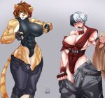 abs absurd_res ahga animal_humanoid anthro big_breasts blush breasts brown_hair clothed clothing digital_media_(artwork) duo felid female female/female feralis fur green_eyes hair hi_res human humanoid hybrid lauren_vanpelt liger mammal mammal_humanoid muscular muscular_female neimu not_furry pantherine simple_background smile striped_body stripes tail thick_thighs yellow_body yellow_fur