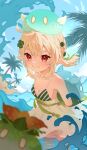  1girl :d alternate_costume arms_behind_back bangs blue_sky blurry cloud cloudy_sky clover_hair_ornament coconut_tree commentary_request depth_of_field frilled_swimsuit frills genshin_impact grin hair_between_eyes hair_ornament highres in_water klee_(genshin_impact) light_brown_hair long_hair looking_at_viewer low_twintails ocean one-piece_swimsuit orange_eyes palm_tree shixue_shaonu_lao sidelocks sky sleeveless slime_(genshin_impact) smile swimsuit tree twintails 