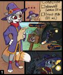 2024 anthro arcanis_(hahaluckyme) calico_cat canid canine cave clothed clothing comic detailed_background dialogue digital_media_(artwork) dipstick_tail domestic_cat dot_eyes duo english_text felid feline felis fully_clothed fur grey_body grey_fur hair hat headgear headwear hi_res holding_object holding_staff imminent_rape magic_user mammal markings mythological_canine mythological_creature mythology orange_body orange_fur outside parchment plant purple_clothing purple_hat purple_headwear red_eyes sign speech_bubble staff standing tail tail_markings text theblueberrycarrots tree were werecanid werecanine werewolf white_hair witch_hat