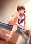  1girl barefoot brown_eyes brown_hair closed_mouth commentary commission dutch_angle elbow_pads feet girls_und_panzer hand_on_own_knee indoors kawanishi_shinobu knee_pads knee_up looking_at_viewer on_bench pixiv_commission red_shirt red_shorts shirt short_hair short_ponytail short_shorts shorts sitting sleeveless sleeveless_shirt smile solo sportswear swept_bangs volleyball_uniform yu_sakurai06 