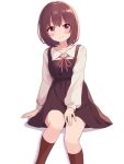  1girl absurdres blush bob_cut brown_hair commentary dress hair_between_eyes highres long_sleeves looking_at_viewer neck_ribbon original pinafore_dress pink_eyes ribbon school_uniform short_hair simple_background sitting sleeveless sleeveless_dress smile socks solo uniform uru_aoi23 white_background 