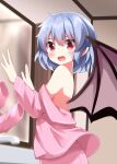  1girl alternate_costume bare_back bare_shoulders bat_wings blue_hair blush commentary_request highres long_sleeves mirror off_shoulder pajamas pants pink_pajamas pink_pants pink_shirt pointy_ears red_eyes remilia_scarlet ruu_(tksymkw) shirt short_hair solo touhou wings worried 