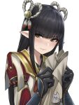  1girl bangs black_hair blunt_bangs blush breasts fewer_digits gloves hair_ornament highres japanese_clothes large_breasts long_hair looking_at_viewer minoto monster_hunter_(series) monster_hunter_rise nyatokanyaru pointy_ears simple_background solo yellow_eyes 