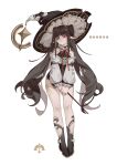  1girl absurdres bangs brown_footwear brown_hair detached_sleeves dress full_body hat highres holding holding_wand long_hair looking_at_viewer neck_ribbon original pointy_ears red_eyes red_ribbon ribbon simple_background solo twintails wand white_background witch_hat yuk233 