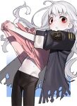  1girl albatross_koukairoku albino bags_under_eyes belly clothes_lift coat flat_chest highres hip_bones kuro_(albatross_koukairoku) leggings long_hair messy_hair military military_uniform miyamae_(miyazen9311) naval_uniform pale_skin red_eyes shirt_lift skinny sweatdrop torn_clothes uniform white_hair 