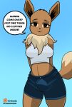 absurd_res anthro big_breasts black_nose bottomwear breasts brown_body brown_eyes brown_fur bulge canid canine chest_tuft clothing colored denim denim_bottomwear denim_clothing digital_media_(artwork) eevee exhibitionism eyebrows eyelashes fur generation_1_pokemon genitals gynomorph hi_res intersex jeans looking_at_viewer mammal nintendo pants patreon patreon_logo penis pinup pokemon pokemon_(species) pose pupils shirt shorts solo speech_bubble spoogiehowl tail tan_body tan_fur text thick_thighs tight_clothing topwear tuft whirt white_clothing white_shirt white_topwear