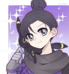  1girl animification apex_legends artist_name black_hair blue_eyes chinese_commentary crossover gloves grey_gloves hair_behind_ear hair_bun highres looking_at_viewer pokemon pokemon_(creature) portrait shengdiyu single_hair_bun smile solo_focus sparkle umbreon v-shaped_eyebrows wraith_(apex_legends) 