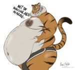 anthro belly big_belly chubby_cheeks clothed clothing dialogue english_text epic_games felid fortnite hi_res huge_belly husky2paws male male_anthro mammal navel nipples obese obese_anthro obese_male orange_body orange_tail oscar_(fortnite) overweight overweight_anthro overweight_male pantherine solo stripes tail teeth text tiger