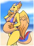 2023 4_fingers anthro avian beach beak belly big_belly bikini blue_body blue_fur blurred_background border brown_eyes clothing cloud colored day digital_media_(artwork) dima_(artist) european_mythology feathered_wings feathers female fingers fur greek_mythology hand_on_belly hi_res hippogriff looking_aside looking_at_viewer multicolored_body multicolored_fur mythological_avian mythological_creature mythology navel ocean_blaze_(anonymouschameleon) orange_body orange_fur outie_navel outside portrait pregnant red_body red_fur shaded side_view solo standing swimwear three-quarter_portrait water white_border wings yellow_body yellow_fur