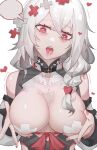  1girl absurdres bangs braid breast_hold breasts covered_nipples grey_hair hair_between_eyes heart heart-shaped_pupils highres long_hair medium_breasts open_mouth original pasties red_eyes speech_bubble symbol-shaped_pupils tongue tongue_out upper_body white_background yuk233 