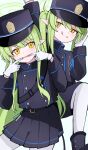  2girls :q arm_up belt black_belt black_hat black_jacket black_skirt blue_archive blush buttons closed_mouth collared_jacket demon_tail double-breasted finger_in_own_mouth green_hair hair_between_eyes halo hand_on_own_cheek hand_on_own_face hat head_tilt highres hikari_(blue_archive) jacket knee_up long_bangs long_sleeves looking_at_viewer miniskirt multiple_girls nozomi_(blue_archive) open_mouth outstretched_arm pantyhose pleated_skirt pointy_ears shako_cap siblings simple_background sisters skirt stretching_cheeks tail tongue tongue_out twins white_background white_pantyhose yellow_eyes yun_(kbdenz9) 
