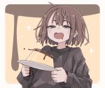  1girl brown_eyes brown_hair drooling fang food highres holding holding_plate icon_315 long_sleeves mouth_drool open_mouth original plate pudding short_hair smile solo sweater 