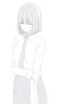  1girl blunt_bangs bob_cut closed_mouth collared_shirt grey_necktie grey_skirt hair_over_eyes highres holding_own_arm natuich necktie original pleated_skirt shirt short_hair simple_background skirt upper_body white_background white_hair white_shirt 