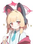  1girl :3 animal_ear_headphones animal_ears blonde_hair blue_archive blue_necktie blush bow cat_ear_headphones clenched_hand closed_mouth collared_shirt doyagao fake_animal_ears hair_bow halo headphones highres looking_at_viewer low-tied_sidelocks momoi_(blue_archive) necktie off_shoulder p-gnesium pink_bow pink_halo second-party_source shirt short_hair smile smug solo sparkle upper_body v-shaped_eyebrows white_background white_shirt 