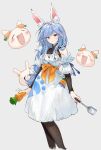  &gt;_&lt; 1girl :d =_= a_yue absurdres animal_ear_fluff animal_ears blue_hair bow carrot closed_mouth commentary detached_sleeves highres holding holding_carrot holding_spatula hololive long_hair looking_at_viewer mature_female orange_bow pantyhose pekomama rabbit_ears rabbit_girl red_eyes short_eyebrows simple_background smile spatula standing thick_eyebrows virtual_youtuber white_background xd 
