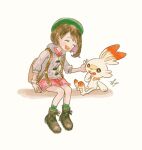  1girl backpack bag boots brown_bag brown_footwear brown_hair closed_eyes dress full_body gloria_(pokemon) green_hat green_socks grey_jacket highres jacket memi_(gamemix) open_mouth pink_dress pokemon pokemon_(creature) pokemon_swsh scorbunny short_hair signature sitting socks 