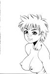  1girl absurdres bandaid bandaid_on_face bandaid_on_nose breasts dragon_ball greyscale highres large_breasts lips mole mole_under_mouth monochrome nipples non-web_source nude short_hair simple_background smile solo upper_body 