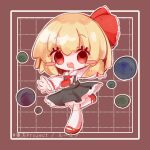  1girl absurdres ascot black_vest blonde_hair chibi darkness hair_ribbon highres inukkomaru is_that_so open_mouth outstretched_arms red_ascot red_eyes red_footwear ribbon rumia sharp_teeth short_hair skirt skirt_set socks solo spread_arms teeth touhou upper_teeth_only vest white_socks 