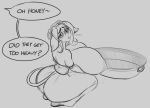 anthro big_breasts big_butt bodily_fluids bovid bovine breasts butt cattle clothing crying dialogue dress exposed_breasts female floppy_ears horn huge_breasts kaboozle kneeling lactating looking_at_viewer mammal monochrome nipples sketch solo speech_bubble tears