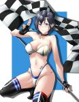  1girl absurdres armpit_crease ass_visible_through_thighs bare_shoulders black_gloves blue_eyes blue_panties blush breasts checkered_flag choker cleavage closed_mouth collarbone cropped_jacket embarrassed fingerless_gloves flag girls&#039;_frontline gloves grey_hair groin highleg highleg_panties highres holding holding_flag looking_at_viewer medium_breasts mons_pubis navel nym open_clothes p22_(girls&#039;_frontline) p22_(pulsing_dash)_(girls&#039;_frontline) panties race_queen short_hair skindentation solo squatting stomach stomach_tattoo strapless tattoo thighhighs thighs thong underwear v-shaped_eyebrows white_panties zettai_ryouiki 