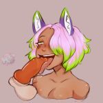  1:1 anthro balls blowjob_face blush bodily_fluids breasts canid canine digital_media_(artwork) drooling dtfrisk345 erection fellatio female fox genitals green_eyes green_hair hair mammal nude open_mouth oral penile penis pink_hair pura saliva sex simple_background sloppy smile solo tongue 