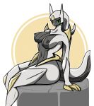 2023 anthro anthrofied arceus areola colored digital_media_(artwork) dima_(artist) female generation_4_pokemon green_sclera grey_areola grey_body grey_nipples hi_res legendary_pokemon mouthless navel nintendo nipples nude on_rock pokemon pokemon_(species) red_eyes rock shaded side_view simple_background sitting sitting_on_rock solo