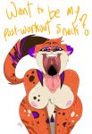 absurd_res anthro bedroom_eyes bent_over big_tongue breasts cougar dialogue exercise felid feline female hi_res hybrid imminent_vore jaguar krona999 mammal mouth_shot narrowed_eyes nipples open_mouth oral_vore pantherine seductive sero_(feroxdoon) soft_vore solo tail talking_to_viewer teeth throat tongue tongue_out uvula vore