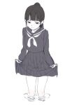  1girl black_hair blunt_bangs clothes_lift greyscale highres looking_at_viewer monochrome natuich original partially_submerged pleated_skirt ponytail school_uniform serafuku simple_background skirt skirt_lift smile soaking_feet standing upper_body water white_background 