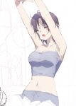  1girl armpits asakura_toru breasts camisole cleavage closed_eyes collarbone commentary_request gradient_hair grey_camisole idolmaster idolmaster_shiny_colors medium_breasts midriff misaki_nonaka multicolored_hair navel open_mouth partially_colored purple_hair short_hair solo stretching teeth unfinished upper_teeth_only 
