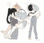  2girls bare_legs barefoot black_hair blonde_hair blush carrying carrying_person commentary_request denim denim_shorts grey_overalls grey_shirt grey_shorts hair_ribbon hand_on_another&#039;s_neck hand_on_another&#039;s_shoulder head_steam heart highres hug inoue_takina kiss kissing_cheek koyomania long_hair lycoris_recoil medium_hair multiple_girls nishikigi_chisato one_side_up open_mouth overalls ponytail red_ribbon ribbon sandals shirt short_sleeves shorts simple_background smile sweatdrop white_background yuri 
