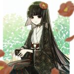  1girl aruti black_eyes black_hair black_kimono camellia cup fate/grand_order fate_(series) flower hair_flower hair_ornament highres hime_cut holding holding_cup japanese_clothes kimono komahime_(fate) long_hair petals smile solo very_long_hair 