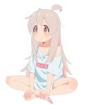  1girl absurdres ahoge bare_legs barefoot blush brown_hair clothes_writing collarbone colored_inner_hair feet grey_hair hair_between_eyes happy highres indian_style kosuda long_hair looking_to_the_side multicolored_hair naked_shirt no_pants off_shoulder onii-chan_wa_oshimai! oversized_clothes oversized_shirt oyama_mahiro pink_hair shirt short_sleeves simple_background sitting smile solo t-shirt toes white_background white_shirt 