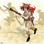  1girl animal_ears bayonet belt black_hair blue_eyes bolt_action boots brown_footwear dust_cloud english_commentary full_body gun hair_ornament hakos_baelz hat highres holding holding_gun holding_weapon hololive hololive_english lee-enfield long_hair long_sleeves lurkatwurk military military_uniform mouse_ears mouse_girl mousetrap multicolored_hair open_mouth pouch red_hair rifle running scabbard sharp_teeth sheath shirt shoes silhouette smle socks solo standing streaked_hair teeth twintails uniform virtual_youtuber weapon white_hair 