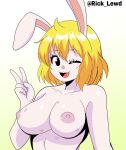 anthro areola artist_name big_breasts blonde_hair breasts carrot_(one_piece) digital_drawing_(artwork) digital_media_(artwork) eyebrow_through_hair eyebrows female front_view gesture hair hand_gesture hi_res lagomorph leporid looking_at_viewer mammal nipples nude one_eye_closed one_piece open_mouth open_smile pink_inner_ear purple_areola purple_nipples rabbit red_tongue rick_lewd smile smiling_at_viewer solo teeth tongue translucent translucent_hair v_sign white_body wink winking_at_viewer