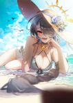  1girl absurdres beach black_choker black_hair blue_archive blue_sky braid braided_ponytail breasts choker cleavage cloud hair_over_one_eye halo halterneck hat highres hinata_(blue_archive) hinata_(swimsuit)_(blue_archive) jelmul large_breasts long_hair looking_at_viewer official_alternate_costume one-piece_swimsuit open_mouth red_eyes sand sky smile solo sun_hat swimsuit water white_one-piece_swimsuit yellow_halo yellow_hat 