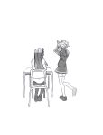  2girls commentary_request desk greyscale hands_up highres koori_chikage koyomania long_hair long_sleeves monochrome multiple_girls nogi_wakaba_wa_yuusha_de_aru school_desk shirt short_ponytail sitting skirt takashima_yuuna thighhighs yuusha_de_aru 