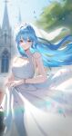  1girl absurdres alternate_costume bare_shoulders blue_eyes blue_hair blurry blurry_background breasts buttons church commentary_request confetti crying crying_with_eyes_open double-breasted dress feet_out_of_frame floating_clothes floating_hair glint grin hair_between_eyes halter_dress halterneck happy_tears highres hololive hoshimachi_suisei jewelry light_blush long_dress long_hair looking_at_viewer medium_breasts outdoors ring senriyama sleeveless sleeveless_dress smile solo standing star_(symbol) star_in_eye symbol_in_eye tears tiara very_long_hair virtual_youtuber wedding_dress white_dress white_veil 