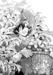  1boy absurdres apple basket bush closed_eyes collarbone collared_shirt constantine_xi_(fate) dirty dirty_face earrings fate/grand_order fate_(series) food fruit gloves greyscale happy hat highres holding holding_basket jewelry male_focus monochrome open_mouth shirt shooou_0104 short_hair solo straw_hat sweatdrop upper_body vest 