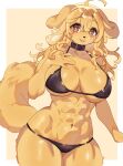 abs anthro big_breasts blonde_hair bra breasts canid canine canis clothing collar domestic_dog female floppy_ears front_view fur hair hi_res kemono mammal miyanokoko muscular muscular_anthro muscular_female smile solo thong underwear yellow_body yellow_fur
