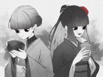  2girls blush cup fate/grand_order fate_(series) gs999000 hair_bun highres holding holding_cup japanese_clothes kimono komahime_(fate) long_hair monochrome multiple_girls obi open_mouth sash sen_no_rikyu_(fate) sidelocks smile spot_color upper_body 