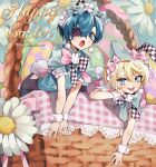  2boys :o absurdres alois_trancy androgynous animal_ears artist_name basket bishounen black_shorts blonde_hair blue_bow blue_bowtie blue_eyes blue_hair blue_jacket blue_nails bow bowtie buttons ciel_phantomhive commentary earrings easter easter_egg egg eyepatch fake_animal_ears fake_tail flower hair_bow hand_on_own_cheek hand_on_own_face happy_easter highres jacket jewelry kuroshitsuji lolita_fashion looking_at_viewer male_focus multiple_boys open_mouth pink_bow pink_bowtie pink_nails plaid puffy_short_sleeves puffy_sleeves rabbit_ears rabbit_tail short_hair short_sleeves shorts sphere_earrings symbol-only_commentary tail tongue tongue_out white_flower white_headdress white_wrist_cuffs wormy_owo wrist_cuffs 