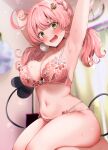  1girl absurdres armpits arms_up blush bra breasts cleavage collarbone commentary_request demon_tail green_eyes highres large_breasts long_hair looking_at_viewer narushima_kanna navel open_mouth original panties pink_bra pink_hair pink_panties sitting solo tail teeth tongue underwear underwear_only upper_teeth_only 