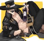  1boy abs amatuki belt black_coat blonde_hair blue_eyes border bottle bow brown_gloves coat fingerless_gloves gloves grin guilty_gear guilty_gear_xrd hat highres jacket johnny_(guilty_gear) looking_at_viewer lying male_focus on_back open_clothes open_jacket pectoral_cleavage pectorals simple_background smile solo sunglasses white_border white_bow wine_bottle yellow_background 