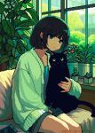  1girl animal artist_name black_cat black_hair blue_shirt blunt_bangs blunt_ends bob_cut bush cardigan cat cellphone closed_mouth couch dated dot_mouth expressionless feet_out_of_frame foliage green_cardigan green_eyes green_shorts holding holding_animal holding_cat indoors long_sleeves looking_afar looking_ahead nanami_yuki_(yuki77mi) on_couch original phone pixel_art plant potted_plant shirt short_hair shorts sitting smartphone solo tree window 